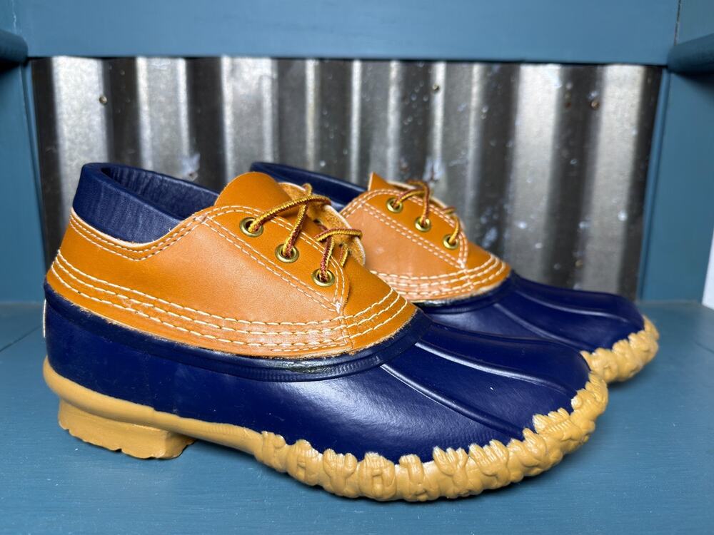 LL Bean Boots Womens 7 Low Top Blue Tan Moc Gumshoes Rain Duck Shoes Made in USA